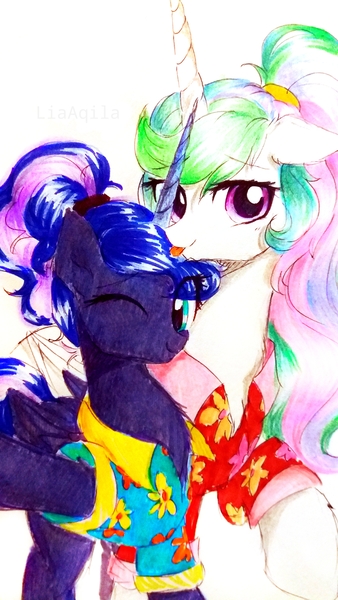 Size: 2322x4128 | Tagged: safe, artist:liaaqila, derpibooru import, princess celestia, princess luna, alicorn, pony, between dark and dawn, clothes, duo, duo female, female, mare, one eye closed, royal sisters, simple background, smiling, tongue out, traditional art, white background, wink