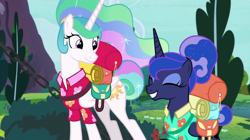 Size: 1920x1080 | Tagged: safe, derpibooru import, screencap, princess celestia, princess luna, alicorn, pony, between dark and dawn, backpack, clothes, cute, cutelestia, duo, excited, eyes closed, eyeshadow, female, folded wings, grin, hair bun, hawaiian shirt, luggage, lunabetes, makeup, mare, ponytail, royal sisters, shirt, siblings, sisters, smiling, tail bun, vacation, wings