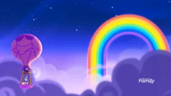 Size: 1699x956 | Tagged: safe, derpibooru import, screencap, applejack, fluttershy, pinkie pie, rainbow dash, rarity, twilight sparkle, twilight sparkle (alicorn), alicorn, earth pony, pegasus, pony, unicorn, rainbow roadtrip, cloud, discovery family logo, hot air balloon, mane six, night, night sky, outdoors, rainbow, sky, stars