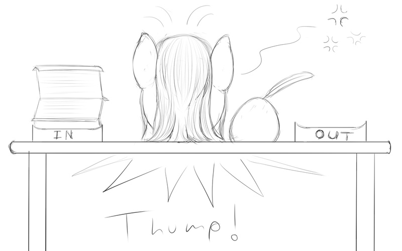 Size: 1117x698 | Tagged: safe, artist:stillwaterspony, derpibooru import, ambiguous species, pony, ambiguous gender, atg 2019, desk, headdesk, lineart, newbie artist training grounds, quill, rough, sketch