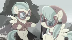 Size: 1920x1080 | Tagged: safe, derpibooru import, screencap, barley barrel, pickle barrel, pegasus, pony, rainbow roadtrip, barrel twins, beanie, brother and sister, clothes, colt, discovery family logo, duo, female, filly, foal, goggles, hat, male, siblings, sweater, twins