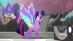 Size: 1920x1080 | Tagged: safe, derpibooru import, screencap, twilight sparkle, twilight sparkle (alicorn), alicorn, pony, rainbow roadtrip, colored wings, discovery family logo, female, mare, multicolored wings, rainbow wings, raised hoof, solo, toyetic, wing bling, wings