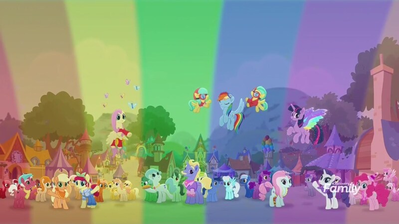 Size: 1920x1080 | Tagged: safe, derpibooru import, screencap, applejack, barley barrel, fluttershy, kerfuffle, moody root, mr. hoofington, mrs. hoofington, pickle barrel, pinkie pie, rainbow dash, rarity, torque wrench, twilight sparkle, twilight sparkle (alicorn), alicorn, earth pony, pegasus, pony, unicorn, rainbow roadtrip, amputee, barrel twins, brother and sister, clothes, colt, covering, discovery family logo, female, filly, foal, leg warmers, male, mane six, mare, prosthetic leg, prosthetic limb, prosthetics, rainbow, scarf, siblings, twins, wing bling