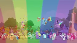 Size: 1920x1080 | Tagged: safe, derpibooru import, screencap, applejack, barley barrel, fluttershy, kerfuffle, moody root, mr. hoofington, mrs. hoofington, pickle barrel, pinkie pie, rainbow dash, rarity, torque wrench, twilight sparkle, twilight sparkle (alicorn), alicorn, earth pony, pegasus, pony, unicorn, rainbow roadtrip, amputee, barrel twins, brother and sister, clothes, colt, covering, discovery family logo, female, filly, foal, leg warmers, male, mane six, mare, prosthetic leg, prosthetic limb, prosthetics, rainbow, scarf, siblings, twins, wing bling
