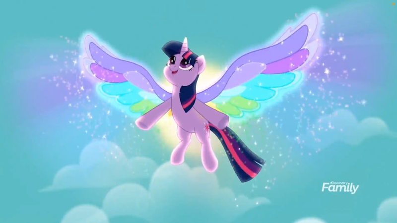 Size: 1699x956 | Tagged: safe, derpibooru import, screencap, twilight sparkle, twilight sparkle (alicorn), alicorn, pony, rainbow roadtrip, cloud, colored wings, female, flying, mare, multicolored wings, rainbow wings, sky, solo, spread wings, toyetic, wing bling, wings