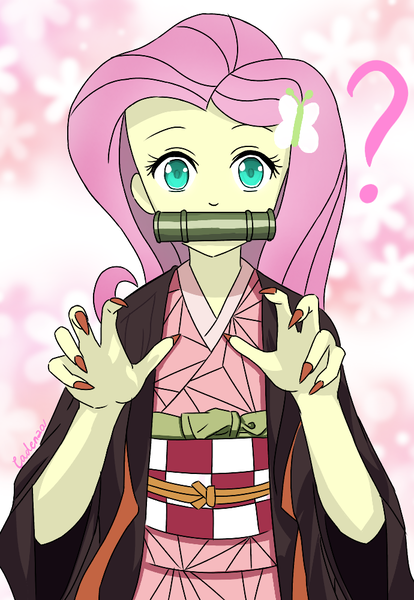 Size: 690x1000 | Tagged: safe, artist:leone di cielo, derpibooru import, fluttershy, equestria girls, anime, bit gag, clothes, cosplay, costume, female, gag, kimetsu no yaiba, nezuko kamado, question mark, solo