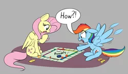 Size: 3230x1887 | Tagged: safe, artist:taurson, derpibooru import, fluttershy, rainbow dash, pegasus, pony, atg 2019, board game, dialogue, duo, female, looking at something, mare, monopoly, newbie artist training grounds, shocked, simple background, sitting, speech bubble