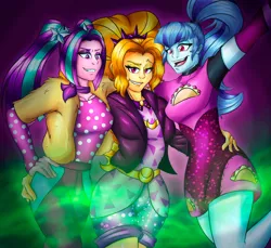 Size: 2644x2419 | Tagged: safe, artist:mandy1412, derpibooru import, adagio dazzle, aria blaze, sonata dusk, equestria girls, equestria girls series, find the magic, spoiler:eqg series (season 2), clothes, dress, female, food, jacket, leather jacket, ponytail, shorts, smiling, taco, taco dress, the dazzlings, the dazzlings have returned, trio