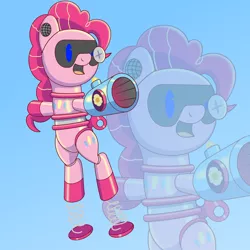 Size: 2000x2000 | Tagged: safe, artist:trackheadtherobopony, derpibooru import, pinkie pie, pony, robot, robot pony, arm cannon, jumping, party cannon, pinkie bot, roboticization, solo, springs, zoom layer