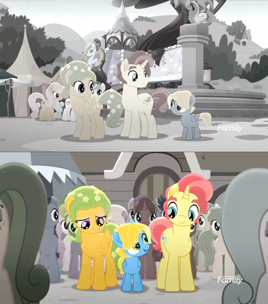 Size: 1279x1452 | Tagged: safe, derpibooru import, screencap, dawn droplet, jasmine breeze, rich harvest, unnamed character, unnamed pony, earth pony, pegasus, pony, unicorn, rainbow roadtrip, background pony, colt, family, father and child, father and son, female, like father like son, like mother like son, male, mare, mother and child, mother and son, stallion