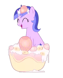 Size: 3553x4400 | Tagged: safe, artist:losyara, derpibooru import, sea swirl, seafoam, pony, unicorn, background pony, commission, dessert, eyes closed, female, food, mare, simple background, smiling, solo, strawberry, transparent background, ych result