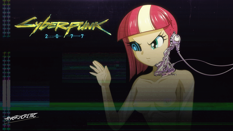 Size: 2560x1440 | Tagged: questionable, artist:ngrycritic, derpibooru import, sunset shimmer, cyborg, equestria girls, breasts, clothes, cyberpunk, female, nipples, nudity, partial nudity, solo, solo female, topless