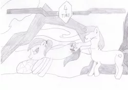 Size: 2048x1438 | Tagged: safe, artist:ragmo, derpibooru import, oc, unofficial characters only, earth pony, pony, unicorn, atg 2019, female, fight, male, monochrome, newbie artist training grounds, traditional art