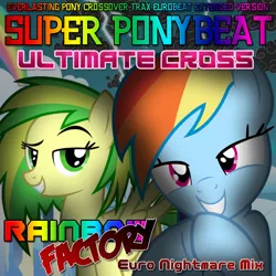 Size: 1200x1200 | Tagged: safe, derpibooru import, rainbow dash, oc, oc:wooden toaster, pony, fanfic:rainbow factory, cloudsdale, cover art, creepypasta, rainbow factory song, remix, super ponybeat, super ponybeat ultimate cross, ultimate cross