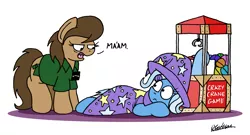 Size: 2279x1232 | Tagged: safe, artist:bobthedalek, derpibooru import, trixie, oc, earth pony, pony, unicorn, arcade game, atg 2019, cape, caught, cheating, claw machine, clothes, crane game, dialogue, eye contact, female, hat, inconvenient trixie, looking at each other, mare, newbie artist training grounds, open mouth, prone, shirt, trixie's cape, trixie's hat, unamused