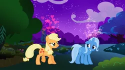 Size: 1024x576 | Tagged: artist needed, source needed, safe, derpibooru import, applejack, trixie, earth pony, pony, unicorn, bedroom eyes, female, heart, lesbian, mare, night, shipping, tripplejack