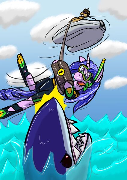 Size: 1280x1811 | Tagged: safe, artist:lizardwithhat, derpibooru import, doctor whooves, sea swirl, earth pony, pony, shark, unicorn, detailed background, diving goggles, flying saucer, frightened, newbie artist training grounds, ocean, rope, treasure chest, wet suit