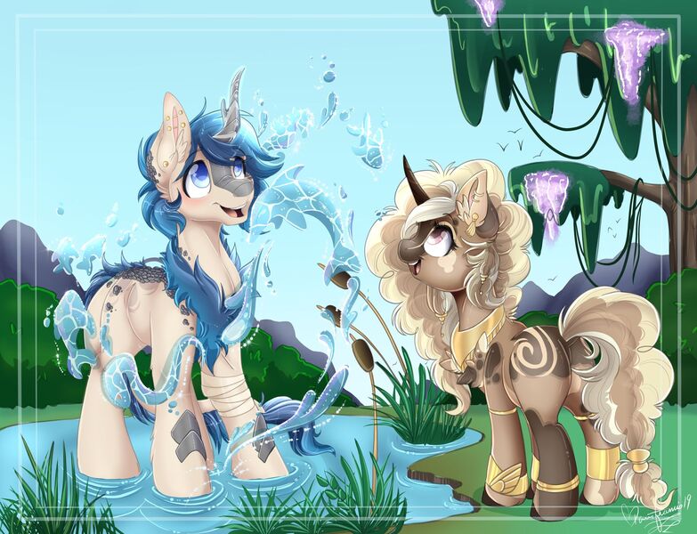 Size: 1920x1471 | Tagged: safe, artist:silent-shadow-wolf, derpibooru import, oc, unofficial characters only, dolphin, fish, kirin, pony, snake, unicorn, bandage, bracelet, bracer, cattails, chest fluff, coat markings, day, duo, ear fluff, ear piercing, earring, female, grass, jewelry, kirin oc, magic, male, mare, mountain, mountain range, peytral, piercing, pond, spots, stallion, standing, swirls, swirly markings, tree, water