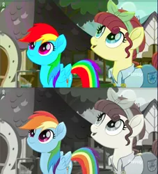 Size: 1066x1175 | Tagged: safe, color edit, derpibooru import, edit, edited screencap, editor:ponimalion, screencap, rainbow dash, torque wrench, earth pony, pegasus, pony, rainbow roadtrip, atorqueable, colored, cute, dashabetes, discovery family, discovery family logo, female, hope hollow, mare, saturated