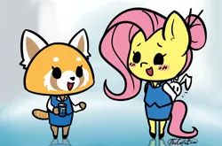 Size: 2200x1451 | Tagged: aggretsuko, alternate hairstyle, angel bunny, anthro, artist:thecoldsbarn, blushing, chibi, clothes, crossover, cute, derpibooru import, duo, fluttershy, hair bun, retsuko, safe, sanrio, shyabetes