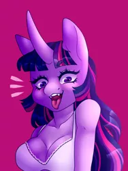 Size: 2250x3000 | Tagged: safe, artist:d-evour, artist:xalloir, derpibooru import, twilight sparkle, anthro, bra, breasts, busty twilight sparkle, cleavage, clothes, female, frilly underwear, looking at you, open mouth, pink underwear, solo, tongue out, underwear