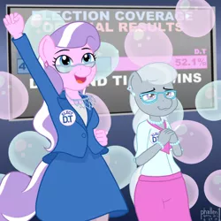 Size: 1200x1200 | Tagged: safe, artist:phallen1, derpibooru import, diamond tiara, silver spoon, anthro, earth pony, atg 2019, badge, balloon, clothes, crying, cute, election, glasses, jacket, jewelry, jumping for joy, liquid pride, newbie artist training grounds, older, skirt, skirt suit, suit, victory