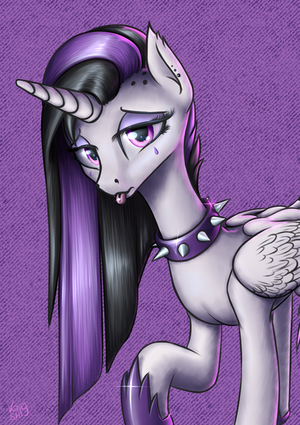 Size: 2894x4093 | Tagged: safe, artist:koshakevich, derpibooru import, princess celestia, alicorn, pony, between dark and dawn, alternate hairstyle, choker, ear piercing, emo, emolestia, eyeshadow, female, goth, makeup, mare, piercing, punklestia, solo, tongue out, tongue piercing