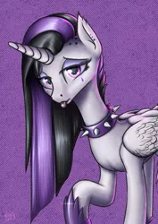 Size: 2894x4093 | Tagged: safe, artist:koshakevich, derpibooru import, princess celestia, alicorn, pony, between dark and dawn, alternate hairstyle, choker, ear piercing, emo, emolestia, eyeshadow, female, goth, makeup, mare, piercing, punklestia, solo, tongue out, tongue piercing