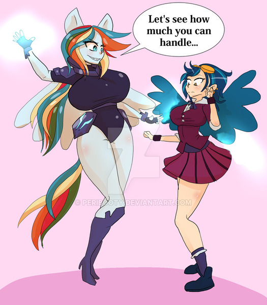 Size: 800x914 | Tagged: dead source, suggestive, artist:peribooty, derpibooru import, indigo zap, rainbow dash, human, equestria girls, amazon, armor, big breasts, breast expansion, breasts, busty rainbow dash, deviantart watermark, duo, grin, growth, huge breasts, humanized, image, incentive drive, jpeg, obtrusive watermark, ponied up, sexy, smiling, storm king's emblem, stupid sexy rainbow dash, transformation, transforming clothes, wasp waist, watermark