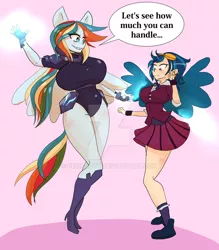 Size: 800x914 | Tagged: dead source, suggestive, artist:peribooty, derpibooru import, indigo zap, rainbow dash, human, equestria girls, amazon, armor, big breasts, breast expansion, breasts, busty rainbow dash, deviantart watermark, duo, grin, growth, huge breasts, humanized, image, incentive drive, jpeg, obtrusive watermark, ponied up, sexy, smiling, storm king's emblem, stupid sexy rainbow dash, transformation, transforming clothes, wasp waist, watermark