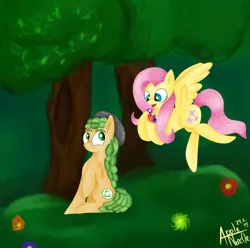 Size: 2570x2547 | Tagged: safe, artist:appleneedle, derpibooru import, fluttershy, sandalwood, ponified, pony, equestria girls ponified, female, male, sandalshy, shipping, straight, tree