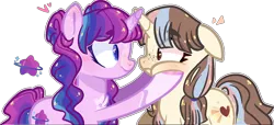 Size: 1280x582 | Tagged: safe, artist:jxst-alexa, derpibooru import, oc, oc:athena, oc:loveless spells, unofficial characters only, pony, unicorn, blushing, eye contact, female, freckles, heart, horn freckles, looking at each other, mare, squishy cheeks