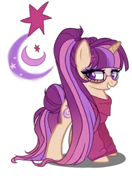 Size: 900x1200 | Tagged: safe, artist:gihhbloonde, artist:rainibases, derpibooru import, oc, unofficial characters only, pony, unicorn, adoptable, base used, bedroom eyes, clothes, eyeshadow, female, glasses, hairclip, magical lesbian spawn, makeup, mare, multicolored hair, offspring, parent:moondancer, parent:twilight sparkle, parents:twidancer, ponytail, simple background, solo, sweater, transparent background