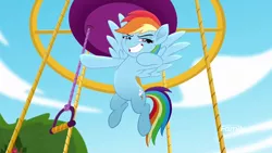 Size: 1280x720 | Tagged: safe, derpibooru import, screencap, rainbow dash, pony, rainbow roadtrip, cool, flying, grin, hot air balloon, pose, smiling, smug, solo, spread wings, wings