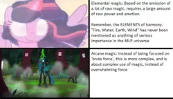 Size: 611x350 | Tagged: alicorn, arcane magic, changeling, changeling queen, derpibooru import, edit, edited screencap, elemental magic, female, forest, queen chrysalis, rainbow roadtrip, runes, safe, screencap, text, the beginning of the end, the mean 6, theory, twilight sparkle, twilight sparkle (alicorn)