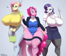 Size: 4000x3400 | Tagged: suggestive, artist:plankboy, derpibooru import, fluttershy, pinkie pie, rarity, anthro, bat pony, plantigrade anthro, ass, big breasts, both cutie marks, breasts, busty fluttershy, busty pinkie pie, busty rarity, butt, chubbie pie, chubby, clothes, curvy, erect nipples, female, females only, flutterbat, glasses, happy, hips, hourglass figure, huge breasts, hyper, hyper breasts, impossibly large breasts, jeans, leotard, lips, lipstick, nipple outline, pants, plump, race swap, sexy, thick, thighs, thunder thighs, vacuum sealed clothing, wide hips