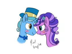 Size: 2224x1668 | Tagged: safe, artist:pixelgrip94, deleted from derpibooru, derpibooru import, petunia petals, sunny skies, pony, unicorn, rainbow roadtrip, blushing, bowtie, bust, digital art, female, hat, looking at each other, male, petuniasky, shipping, straight, top hat