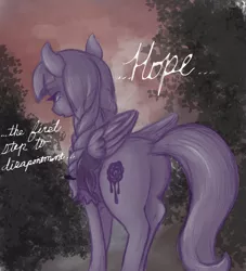 Size: 1364x1500 | Tagged: safe, artist:t72b, derpibooru import, inky rose, pegasus, pony, ..., atg 2019, behind, braid, clothes, depressed, female, goth, hope, limited palette, looking away, mare, newbie artist training grounds, solo, teary eyes