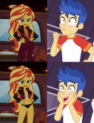 Size: 1560x2044 | Tagged: suggestive, derpibooru import, edit, edited screencap, screencap, flash sentry, sunset shimmer, equestria girls, equestria girls series, spring breakdown, sunset's backstage pass!, spoiler:eqg series (season 2), all good (song), black underwear, breasts, clothes, female, flashimmer, jacket, male, panties, reaction, seductive look, seductive pose, shipping, smiling, starry eyes, straight, underwear, underwear edit, wingding eyes
