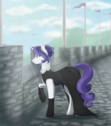 Size: 1099x1247 | Tagged: safe, artist:scarletsfeed, derpibooru import, rarity, pony, fanfic:game of harmony, battlements, black dress, castle, clothes, dress, fanfic art, solo, speedpaint available, sunlight