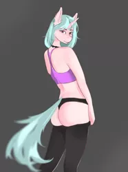 Size: 1380x1850 | Tagged: suggestive, artist:meowless, derpibooru import, oc, oc:bookshelf, unofficial characters only, anthro, unicorn, anthro oc, ass, black panties, black underwear, blue mane, bra, butt, choker, clothes, commission, crop top bra, ear fluff, hand, horn, large butt, panties, pants, pants down, pink coat, pink underwear, pony ears, purple eyes, revealing, solo, sports bra, thong, underwear, ych result, yoga pants