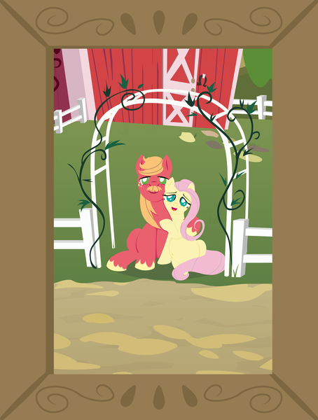 Size: 2800x3700 | Tagged: safe, anonymous artist, derpibooru import, big macintosh, fluttershy, earth pony, pegasus, pony, series:fm holidays, alternate hairstyle, barn, belly button, facial hair, father's day, female, fluttermac, freckles, hoof around neck, lineless, male, missing accessory, moustache, no pupils, older, picture frame, pregnant, shipping, straight, sweet apple acres