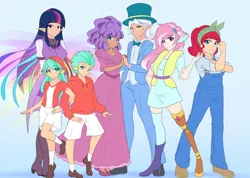 Size: 2000x1426 | Tagged: alicorn, amputee, artist:jonfawkes, barley barrel, barrel twins, beanie, blue background, boots, brother and sister, clothes, derpibooru import, dress, female, hat, high heel boots, high heels, hoodie, human, humanized, kerfuffle, male, overalls, pants, petunia petals, pickle barrel, prosthetic leg, prosthetic limb, prosthetics, rainbow roadtrip, rosie the riveter, safe, shirt, shoes, shorts, siblings, simple background, suit, sunny skies, that was fast, top hat, torque wrench, t-shirt, twilight sparkle, twilight sparkle (alicorn), twins, unicorns as elves, we can do it!, wing bling, wing ears