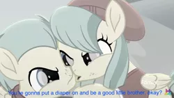 Size: 1334x750 | Tagged: suggestive, derpibooru import, edit, edited screencap, screencap, barley barrel, pickle barrel, pegasus, pony, rainbow roadtrip, angry, barrel twins, brother and sister, caption, clothes, colt, dialogue, discovery family logo, female, filly, folded wings, freckles, frown, image macro, implied diaper, implied diaper fetish, male, raised hoof, siblings, text, twins, wings