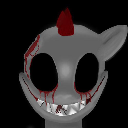 Size: 500x500 | Tagged: grimdark, derpibooru import, pony, black background, black sclera, cheshire cat grin, creepy, creepy smile, creepypasta, fangs, male, nightmare fuel, simple background, smile.pny, smiling, solo, spiky hair, zalgo