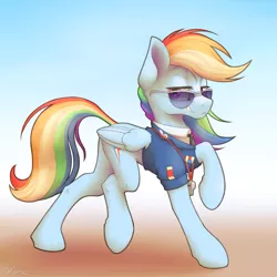 Size: 2000x2000 | Tagged: safe, artist:ohemo, derpibooru import, rainbow dash, pegasus, pony, atg 2019, clothes, clothes swap, female, lifted leg, looking at you, mare, newbie artist training grounds, raised hoof, smiling, solo, sunglasses, uniform, whistle, whistle necklace, wonderbolts dress uniform, wonderbolts uniform