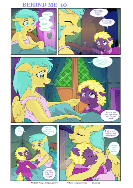 Size: 6197x8760 | Tagged: safe, artist:jeremy3, derpibooru import, sunshower raindrops, oc, oc:valentine, earth pony, pegasus, pony, comic:behind me, alternate universe, bed, comic, curtains