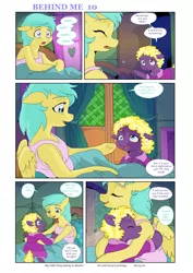 Size: 6197x8760 | Tagged: safe, artist:jeremy3, derpibooru import, sunshower raindrops, oc, oc:valentine, earth pony, pegasus, pony, comic:behind me, alternate universe, bed, comic, curtains