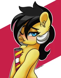 Size: 3000x3800 | Tagged: artist:ciderpunk, blushing, chips, derpibooru import, duckface, fluffy, food, looking at you, oc, oc:zedwin, one eye closed, safe, unofficial characters only, wink