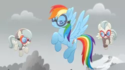 Size: 1920x1080 | Tagged: safe, derpibooru import, screencap, barley barrel, pickle barrel, rainbow dash, pegasus, pony, rainbow roadtrip, barrel twins, beanie, bedroom eyes, brother and sister, clothes, colt, female, filly, flying, foal, goggles, hat, male, mare, siblings, trio, twins